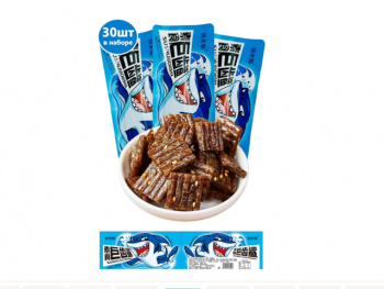 Соевое мясо арт. 070907 Пшеничные пряные ломтики со вкусом рыбы 26 г 30 шт. упаковка с акулой';#