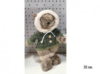 им Медведь арт. BR62B-601 Девочка коричневая пушистая в зеленом пальто стоит 35 см в пак.