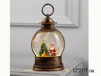 Фонарь Новогодний арт. 2103A-2-601 "Дед Мороз у елки" свет, музыка, USB в кор.